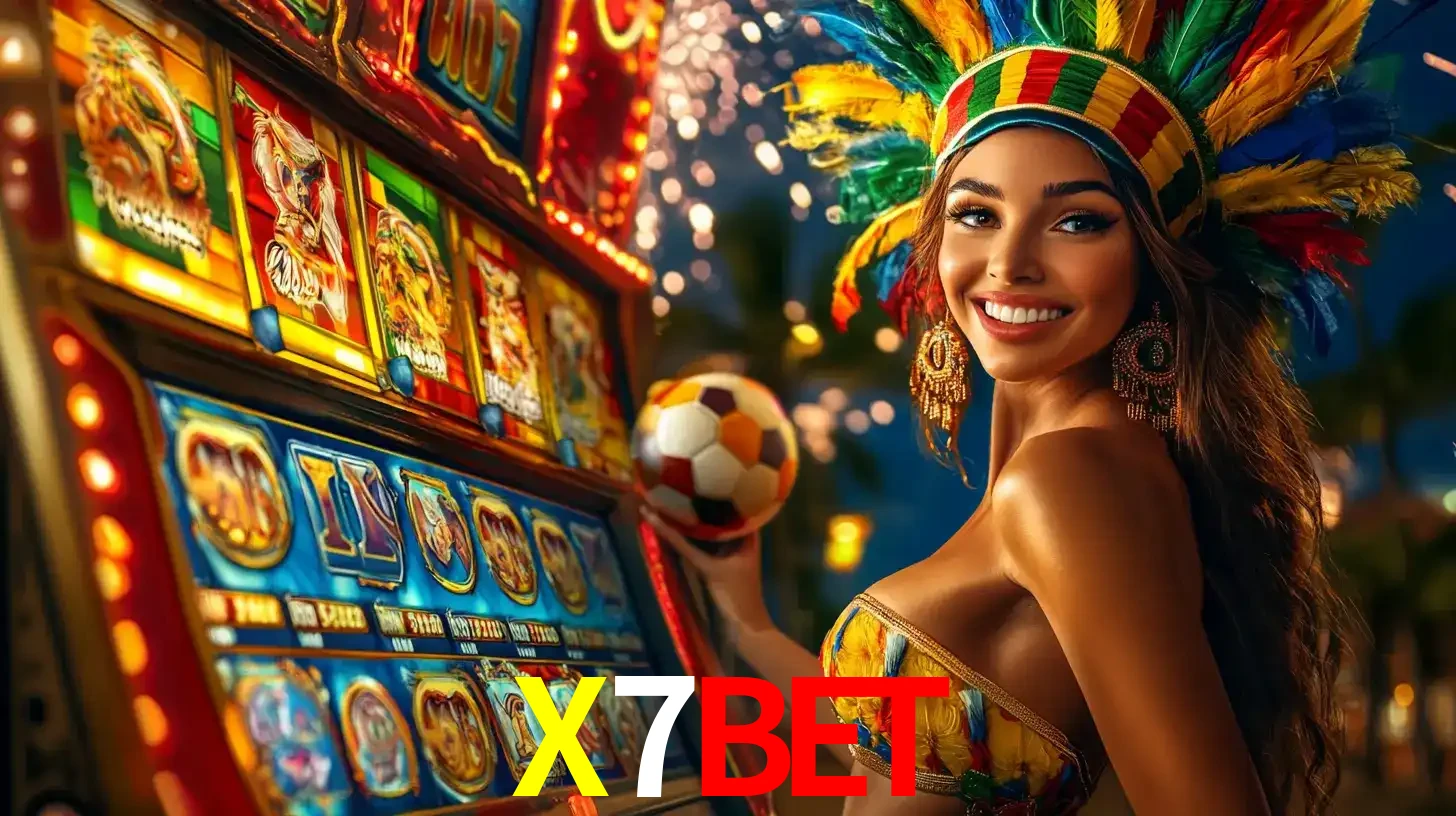 Mulher com um cocar de carnaval ao lado de uma máquina de caça-níqueis enquanto segura uma bola de futebol, mostrando a união da diversão de cassino e esportes no X7BET.