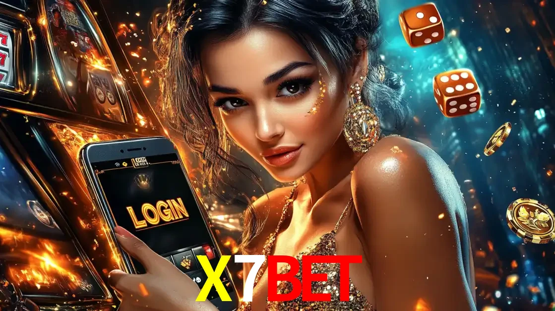 Mulher glamourosa segurando um celular com a tela de login do cassino X7BET, rodeada por dados e moedas douradas, pronta para começar a diversão.