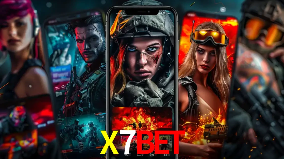 Montagem de telas de celular mostrando diversos personagens, masculinos e femininos, de um jogo de tiro, ilustrando a diversidade de equipes de e-sports para apostar no X7BET.