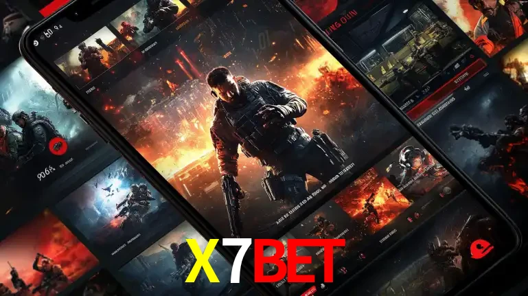 Tela de um celular exibindo uma galeria de jogos de tiro com temática militar, mostrando a variedade de e-sports disponíveis para apostas na plataforma de entretenimento X7BET.