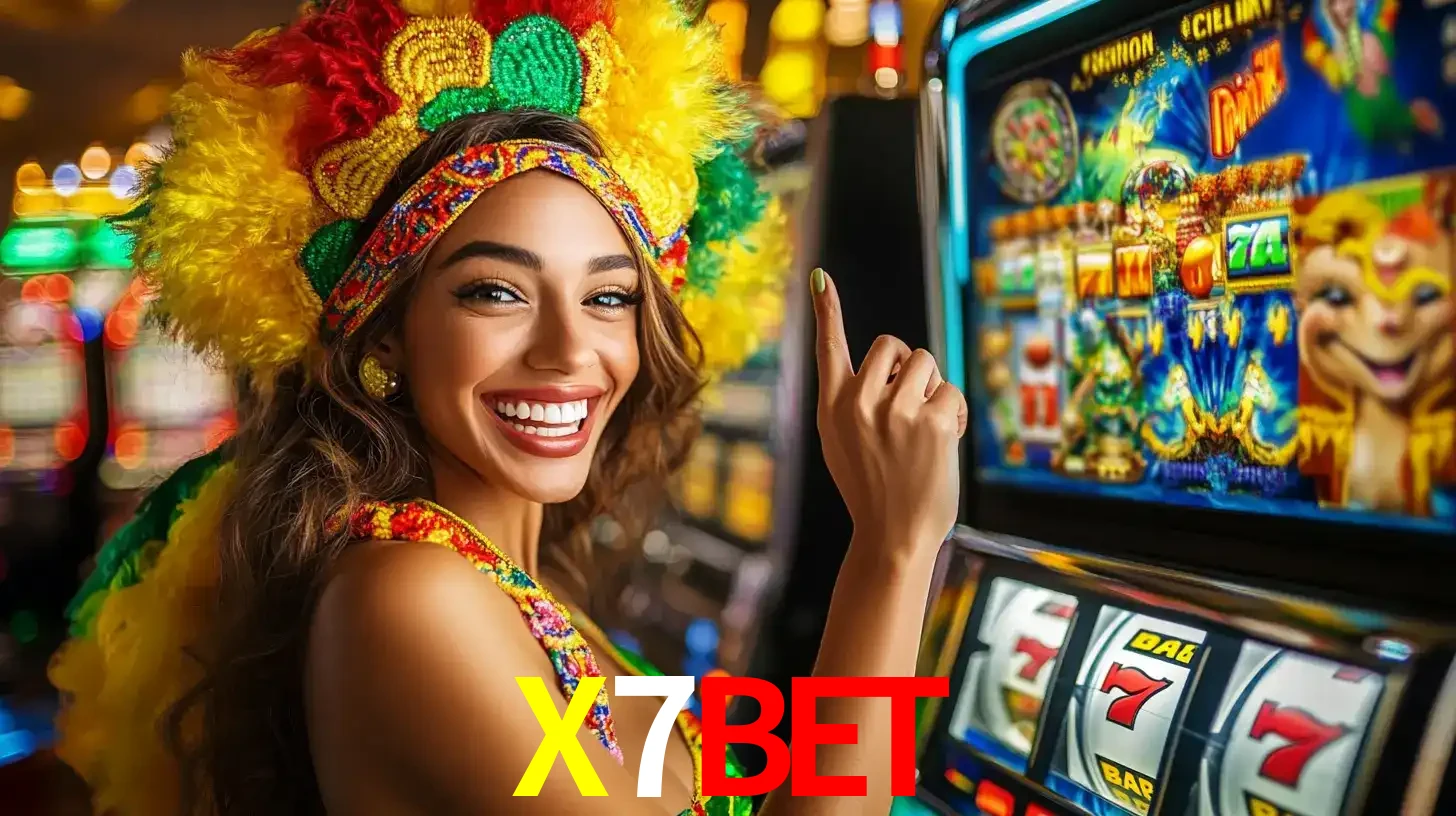 Mulher animada com um cocar de carnaval apontando para uma máquina de caça-níqueis, mostrando a emoção de ganhar um grande prêmio nos jogos do X7BET.