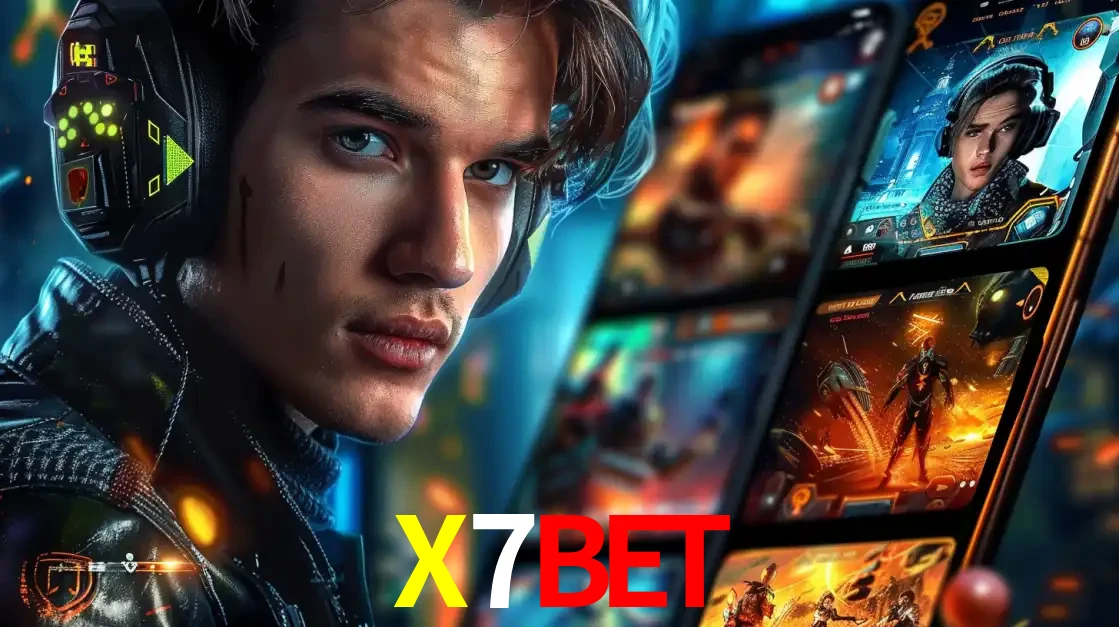Jovem jogador com fones de ouvido olhando para a câmera, com um aplicativo de jogos e e-sports para celular ao fundo, pronto para a competição e apostas no X7BET.