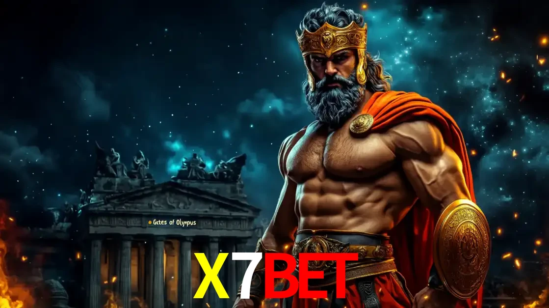 O poderoso Zeus do jogo de slot Gates of Olympus em frente ao seu templo, pronto para lançar multiplicadores divinos e prêmios épicos no cassino online X7BET.