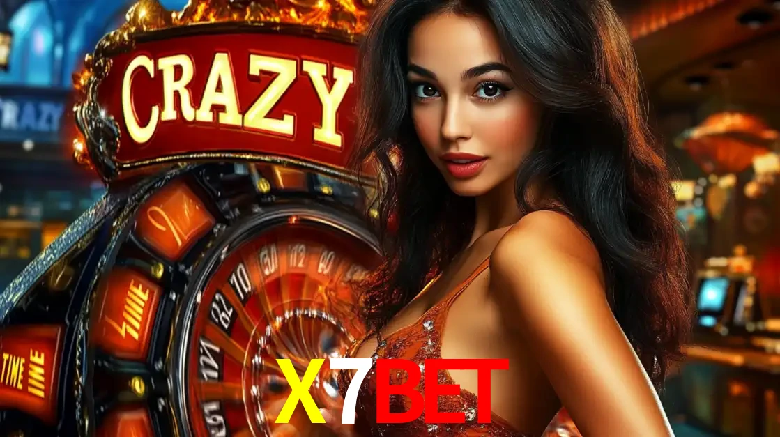Mulher glamourosa olhando para a câmera com a roda vermelha do Crazy Time ao fundo em um ambiente de cassino, destacando a emoção dos jogos ao vivo no X7BET.