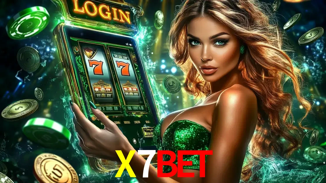 Mulher com tema verde apresentando o aplicativo do cassino X7BET com um jogo de slot de 777, cercada por fichas de cassino e uma aura de sorte.