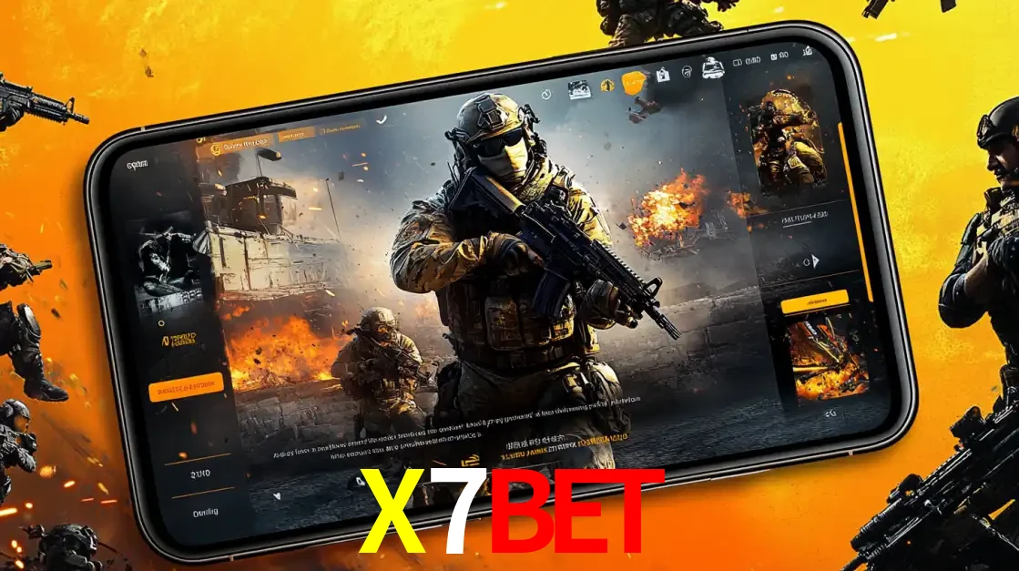 Um smartphone exibindo a interface de um jogo de tiro em primeira pessoa, com um soldado em um cenário de batalha, representando a ação dos e-sports para apostar no X7BET.