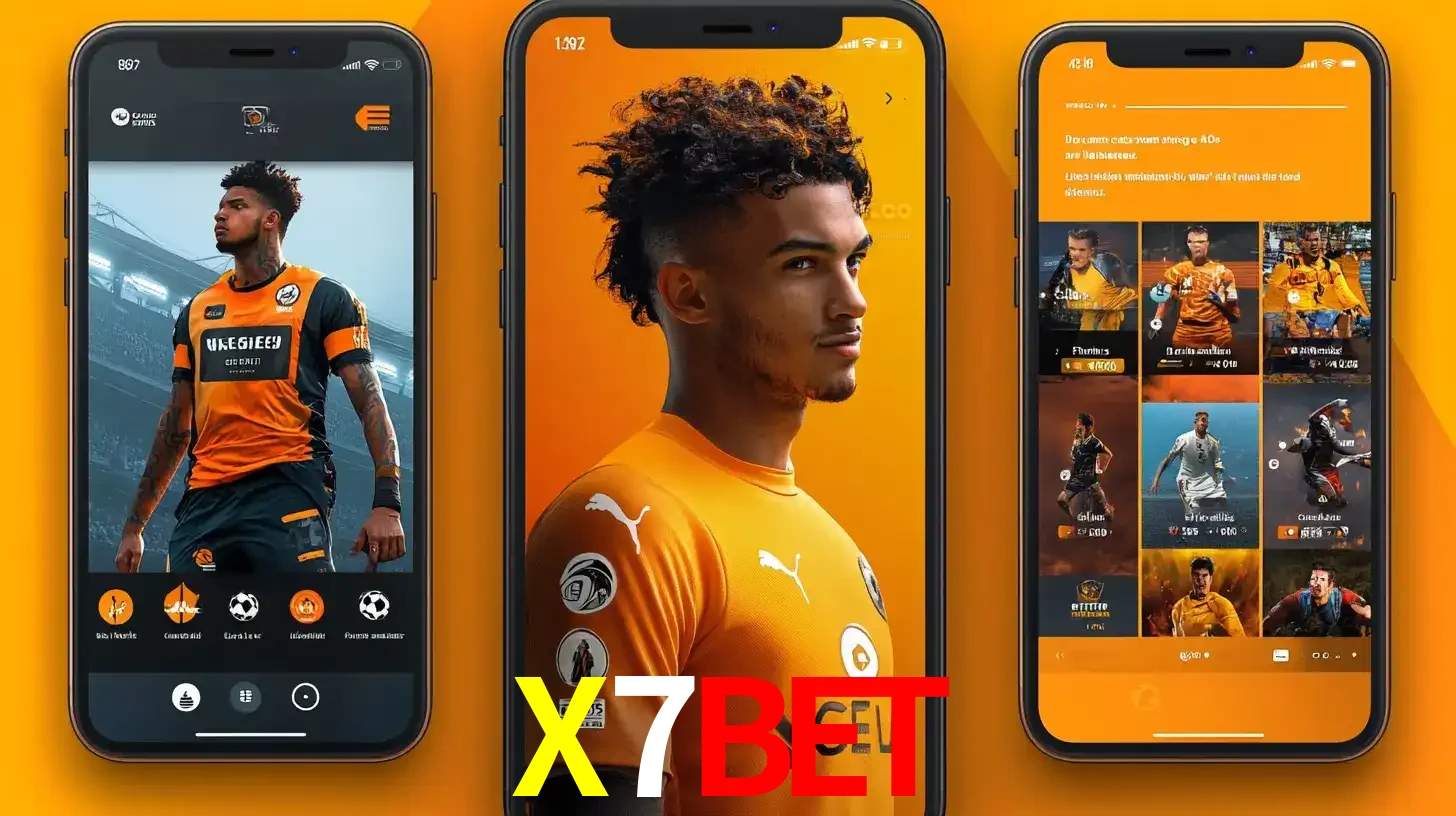 Interface do aplicativo de apostas esportivas X7BET em três telas de celular, mostrando o perfil de um jogador de futebol e a lista de jogos disponíveis para apostar.