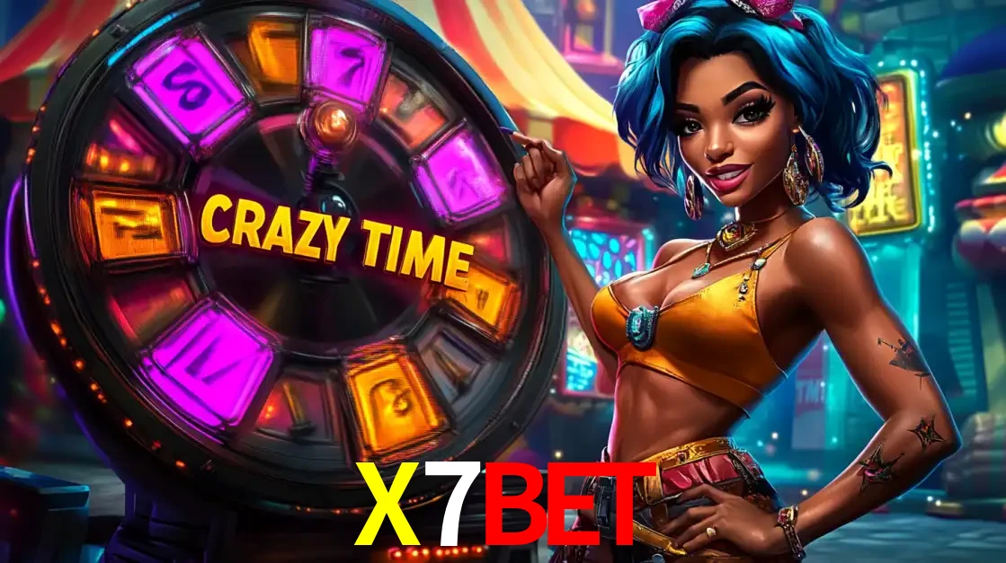 Mulher estilizada com cabelo azul e visual vibrante posando ao lado da roda de prêmios do game show Crazy Time, convidando para a diversão e os bônus do cassino X7BET.
