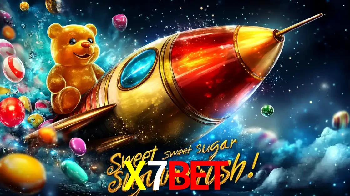 Arte promocional do jogo de slot Sugar Rush, com um urso de pelúcia em um foguete viajando pelo espaço de doces, um dos jogos divertidos disponíveis no cassino X7BET.