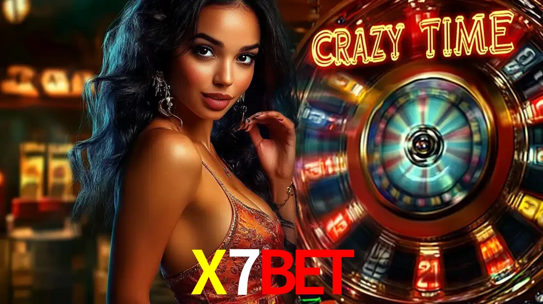 Mulher elegante ao lado da vibrante roda da fortuna do jogo de cassino ao vivo Crazy Time, um dos game shows mais populares e cheios de prêmios do X7BET.