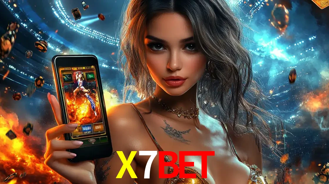 Mulher segurando um celular com um jogo de slot em destaque, tendo como fundo um estádio vibrante, simbolizando a emoção de jogar no cassino móvel X7BET.