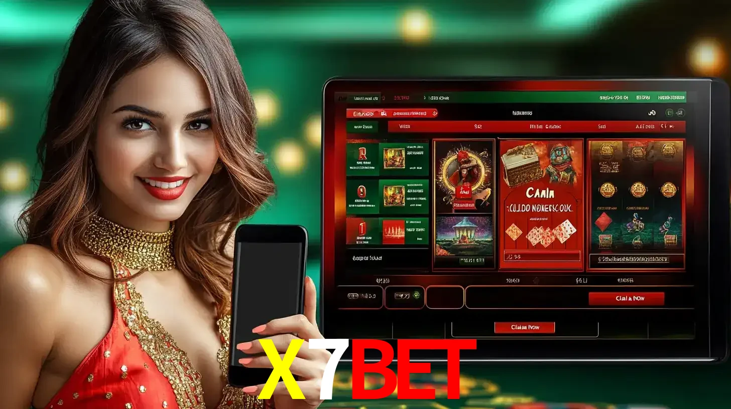 Mulher sorridente segurando um smartphone, ao lado de uma tela exibindo o lobby de jogos do cassino online X7BET, com várias opções de jogos de cartas e slots.
